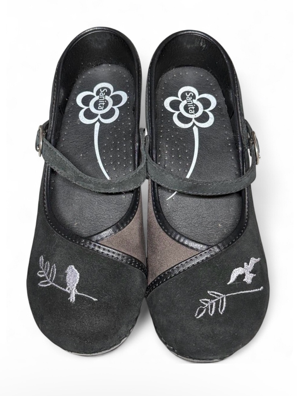Sanita Danish Clogs Black Brown Suede Patchwork Embroidered Bird Mary Jane Sz 39